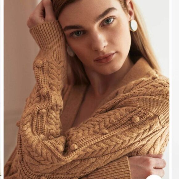 White + Warren Camel Brown Wool Blend Chunky Knit Cardigan Sweater Womens L - Picture 5 of 10